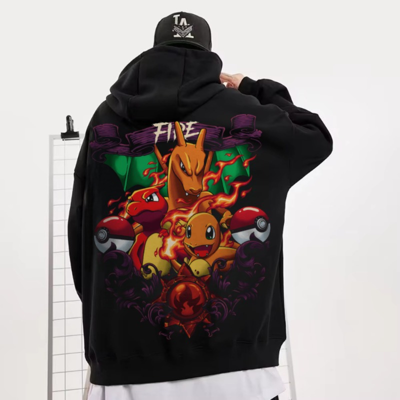 Streetwear Brand Y2K - Siyah Büyük Beden 4XL Pokemon Alev